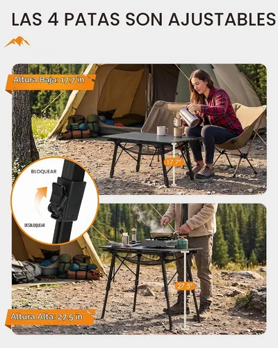 Vista 3 de PORTAL Mesa de camping plegable portátil con patas ajustables, mesa plegable de aluminio mesa enrollable con bolsa de transporte para exteriores