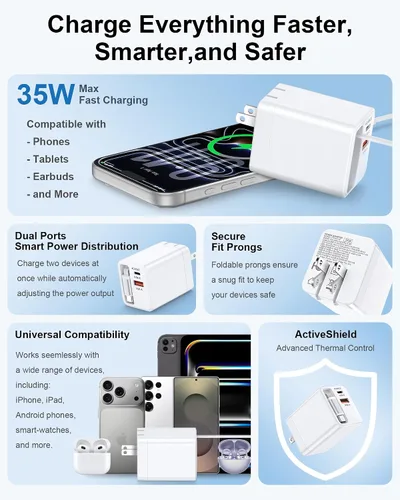 Vista 2 de Cargador de pared retráctil USB C, bloque de carga rápida 3 en 1 para Blanco