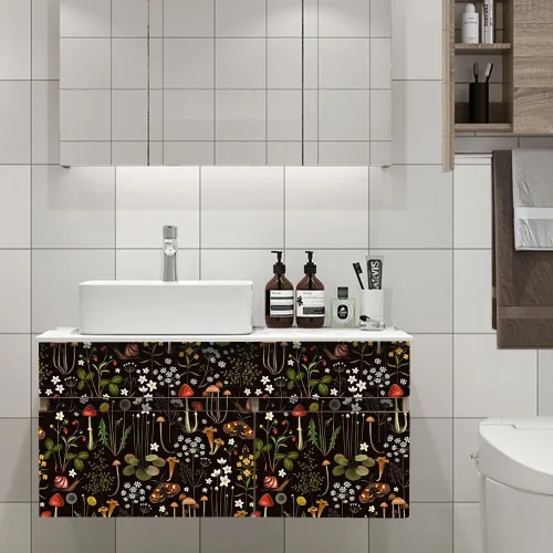 Vista 3 de Papel de contacto Boho negro de despegar y pegar con diseño de setas/caracoles/flores silvestres/mariposas, papel pintado extraíble decorativo