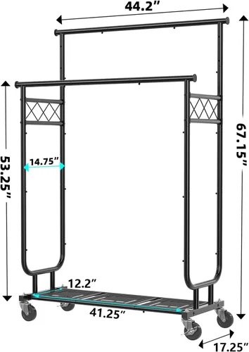 Vista 3 de Estante para ropa Ekisemio con capacidad de carga de 450LBS, estante resistente para ropa con ruedas, estantes enrollables para colgar ropa