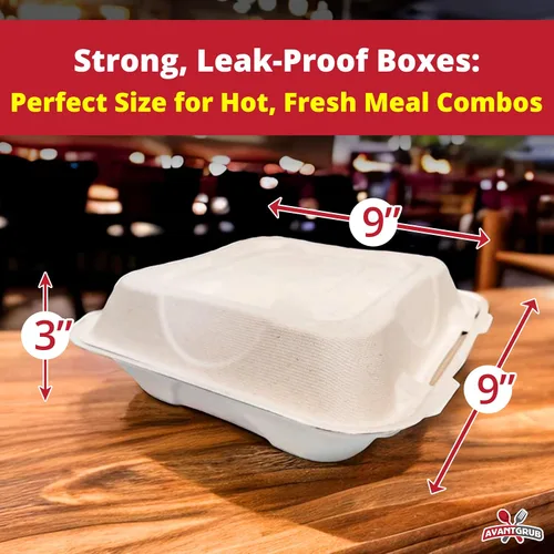 Vista 3 de Caja de comida para llevar duradera, a prueba de fugas, paquete de 25. Grande, 9 x 9 pulgadas, resistente a base de plantas, compostable sin gluten