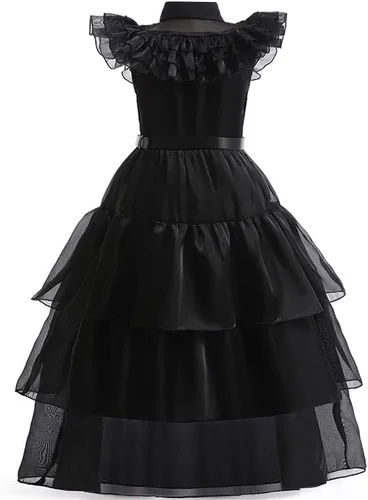 Vista 3 de QIEMIAO Wednesday Addams - Vestido de Halloween para niños, con guantes, cinturón y calcetines, vestido de fiesta de cosplay familiar Addams
