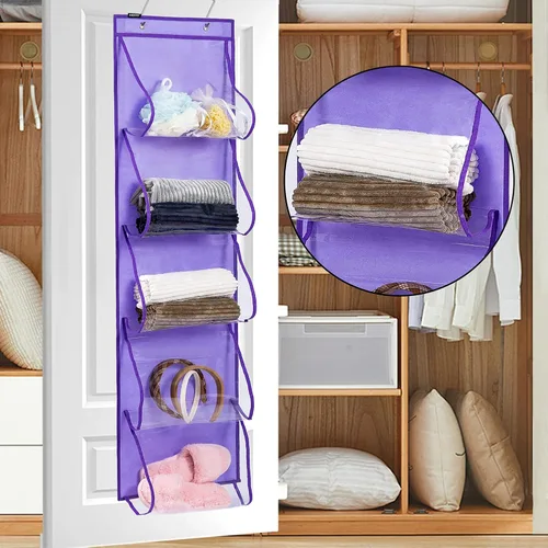 Vista 2 de Organizador de bolsos para colgar sobre la puerta con 5 bolsillos de fácil acceso, organizador de almacenamiento para toallas, bufandas, paraguas