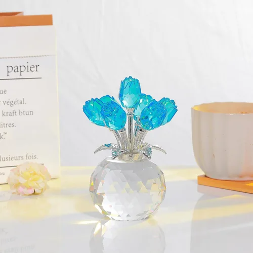 Vista 6 de Figura de cristal de rosa azul lago con jarrón, ramo de flores, adorno de regalo para esposa, novia, mujer, flor de cristal hecha a mano, decoración