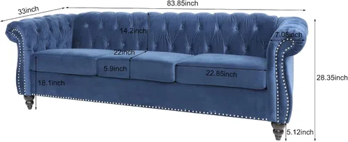 Vista 2 de ONCIN Sofá Chesterfield de terciopelo, moderno sofá de 3 plazas copetudo de 84 pulgadas con brazos de desplazamiento y patas de madera para sala