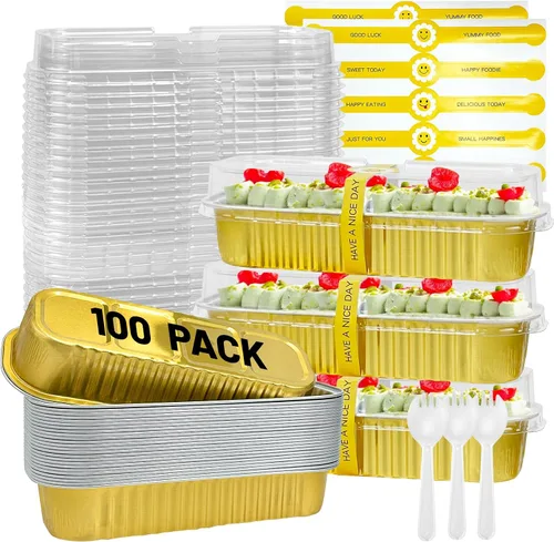 Vista 20 de Paquete de 100 mini moldes para pan de Navidad con tapas, mini moldes para pasteles con tapas y cucharas, moldes de papel de aluminio de 6.8 onzas