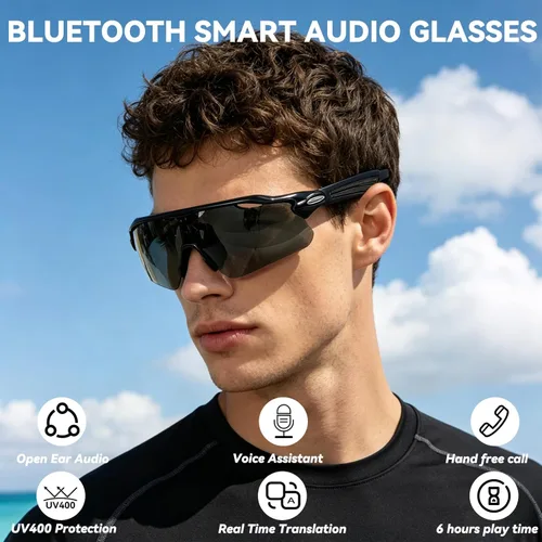 Vista 2 de Lentes de audio inteligentes Bluetooth, para correr, ciclismo, lentes de sol Bluetooth con música y llamadas manos libres, asistente de voz AI