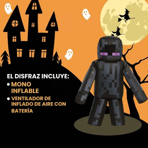 Vista 6 de Disfraz de Enderman, disfraces inflables de Minecraft para niños, tamaño infantil, funciona con ventilador, traje inflable expandible, color negro