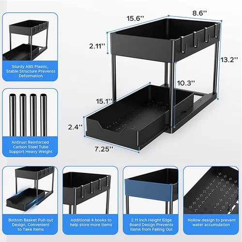Vista 2 de Organizador de armario extraíble para debajo del fregadero, organizador de 2 niveles, organizador de cestas de almacenamiento deslizantes de cocina
