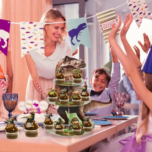 Vista 6 de ZOIIWA Soporte de cupcakes con temática de dinosaurio para decoración de fiesta de cumpleaños de dinosaurio, 24 decoraciones de cupcakes, 3 niveles