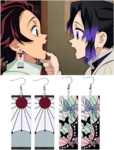 Vista 2 de Tanjiro - Pendientes de anime Demon Slayer Tanjiro Cosplay aretes de clip Kimetsu No Yaiba Hanafuda Halloween para hombres y mujeres