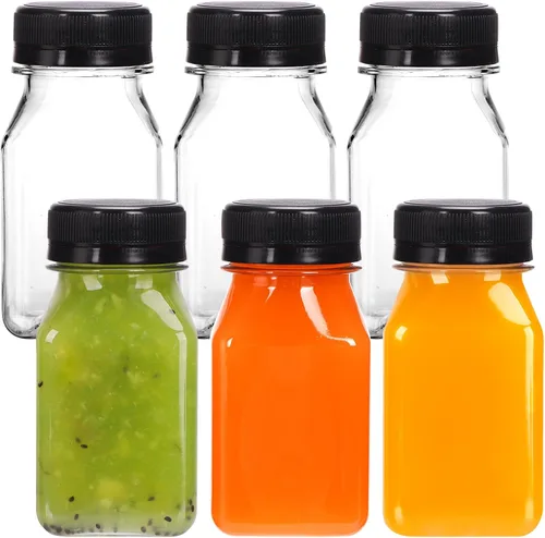 Vista 11 de Moretoes 6 botellas de 120 ml de plástico para jugo con tapas, botellas transparentes vacías reutilizables para shots de jengibre, recipientes