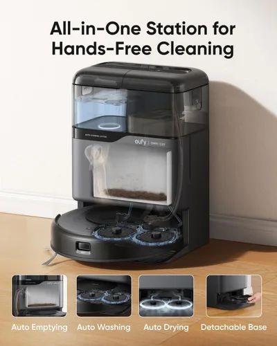 Vista 2 de eufy Robot aspirador Omni C20, robot aspirador y trapeador, auto vaciado, lavado automático de trapeador y secado automático para limpieza manos