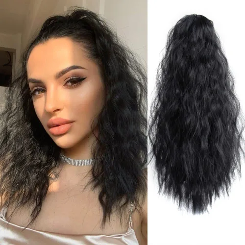 Vista 21 de Extensión de cola de caballo de garra negra natural ondulada de 16 pulgadas, extensiones de cabello sintético rizado con clip, extensiones