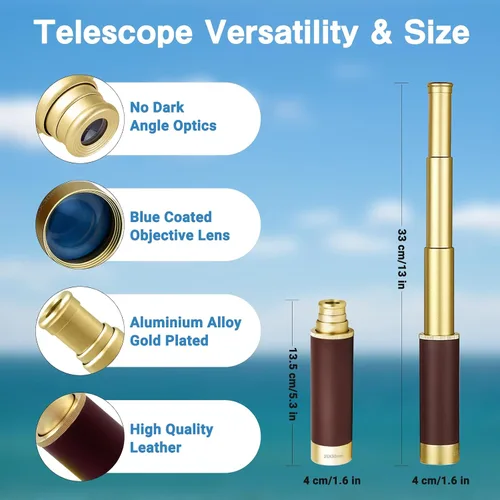 Vista 3 de Telescopio pirata retro con zoom de 25x30, telescopio portátil plegable de mano, monocular vintage para niños y equipo de supervivencia, brújula