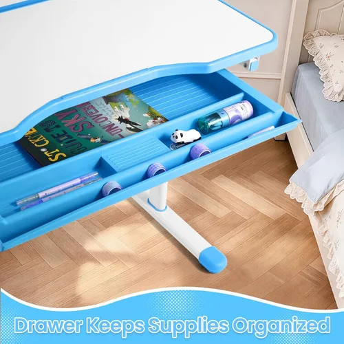 Vista 7 de Artist hand Kids Desk and Chair Set, Height Adjustable Desk with 0-40° Tilting Desktop, 2-Tier Bookshelf, Tablet Stand, Drawer, Hook and Ergonomic