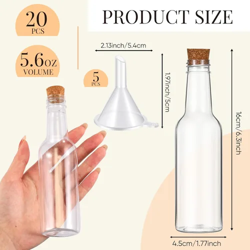 Vista 2 de Tanlade 20 botellas de plástico de arena de 5.6 onzas con tapones de corcho, recipientes de botella de mensajes de deseos, botellas transparentes