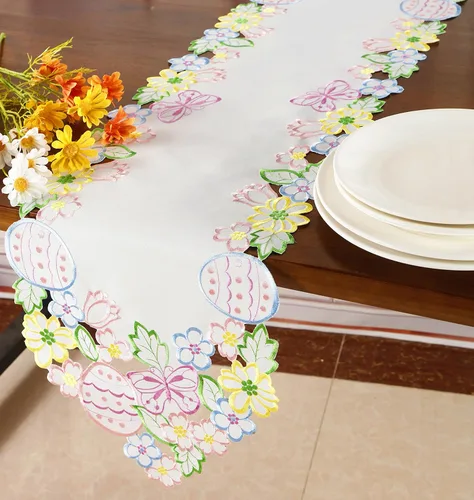Vista 2 de Camino de mesa de Pascua y primavera de 13 x 68 pulgadas, huevos bordados, huevos florales con flores, mariposas y bufandas para el hogar, cocina