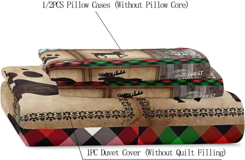 Vista 5 de LUVIVIHOME Juego de funda de edredón de 2 piezas, diseño de oso y alce, ciervo, ciervo, ropa de cama de cabaña, ropa de cama rústica de granja