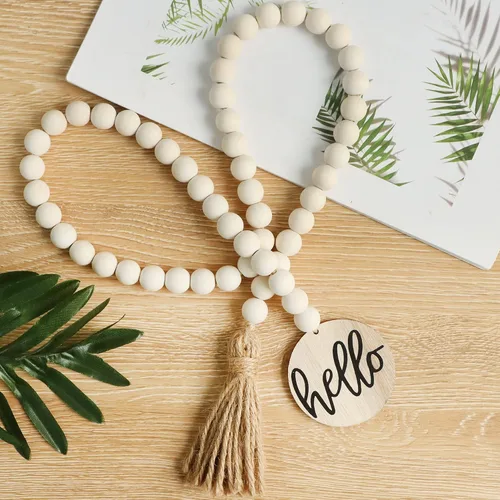 Vista 2 de Meplait Hello - Guirnalda de cuentas de madera, cuentas decorativas de 38 Natural & Hello