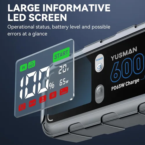 Vista 6 de Arrancador de batería de automóvil de 6000A, cargador rápido de 65W, batería de arranque de 26800mAh (toda gasolina/12L diésel) con reforzador