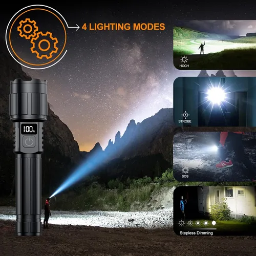 Vista 4 de Relybo Linterna LED recargable de 20000 lúmenes altos, largo alcance y tiempo de funcionamiento de 12 horas Linternas súper brillantes USB C