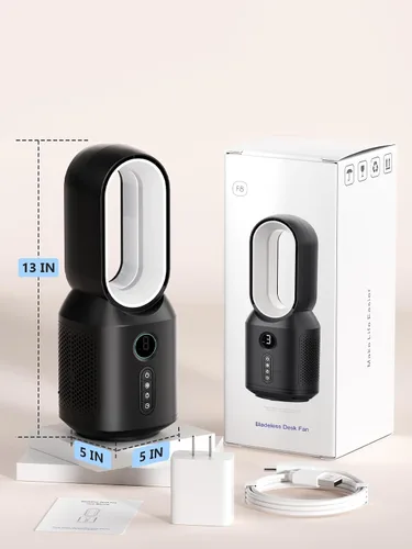 Vista 8 de let'me Ventilador de escritorio de 13 pulgadas, pequeño ventilador de mesa sin aspas, ventilador oscilante de 106° con control táctil de 3