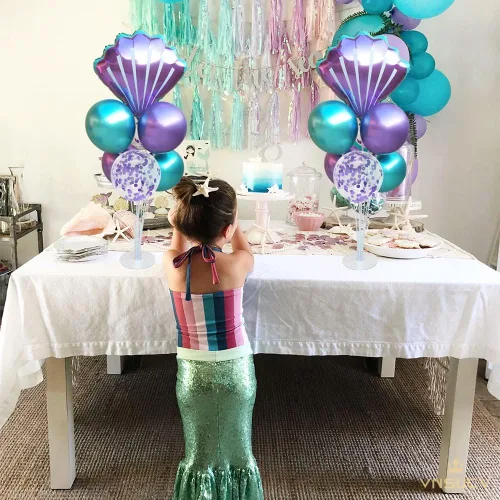 Vista 6 de Kit de soporte de globos de mesa de sirena, 2 juegos con 2 globos de aluminio de conchas marinas, 14 globos de látex azul púrpura para cumpleaños
