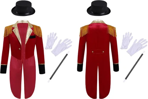 Vista 6 de JEYPINMI Kids Boys Deluxe Circus Outfit Lion Tamer Ringleader Fancy Dress Up Drum Majorette Cosplay Costume