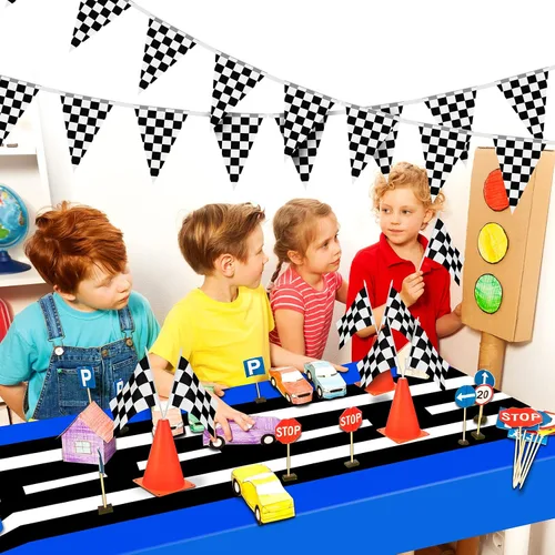 Vista 6 de Irenare 6 hojas de suministros para fiesta de cumpleaños de automóvil, decoraciones de fiesta de carreras, mantel de carretera, camino de mesa