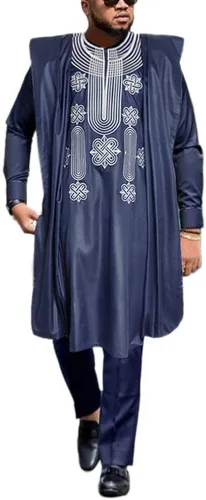 Vista 11 de HD Ropa Africana para Hombre Agbada con Bordado, Conjunto de Camiseta y Pantalón Dashiki 3 Piezas Blanco-g