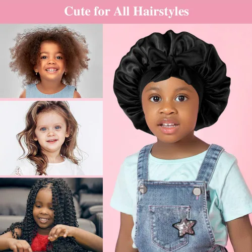 Vista 3 de 2+2 gorros de satén con coleteros para niños, bonitos gorros de pelo para niñas para dormir cabello rizado, A
