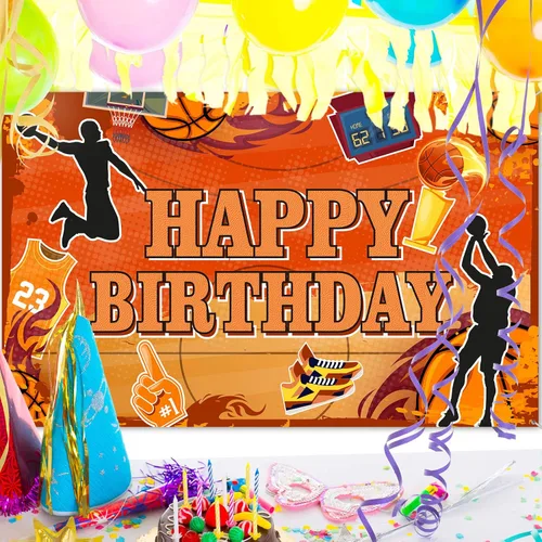 Vista 4 de Boao Telón de fondo de baloncesto de cumpleaños de feliz cumpleaños, decoración de fiesta, fotografía deportiva, suministros de fondo para cabina