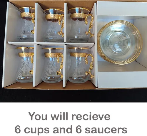 Vista 4 de Juego de 6 tazas y platillos de té árabes, marroquíes, marroquíes, marroquíes, dorados, para fiestas, adultos, cafetera elegante, hervidor de agua