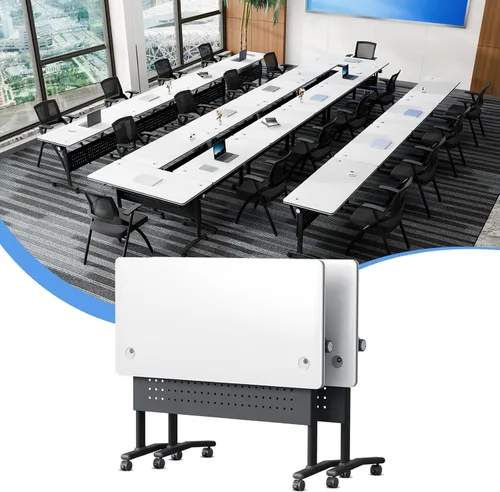 Vista 20 de Mesa de conferencias plegable con ruedas, mesa modular para sala de conferencias con 2 ojales para cables, mesas móviles de sala de reuniones