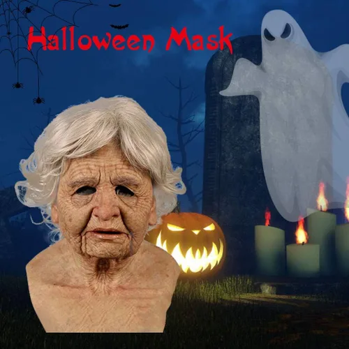 Vista 2 de Máscara realista de anciana, máscara realista de abuela, máscara espeluznante para adultos, máscara de miedo de Halloween, máscara facial