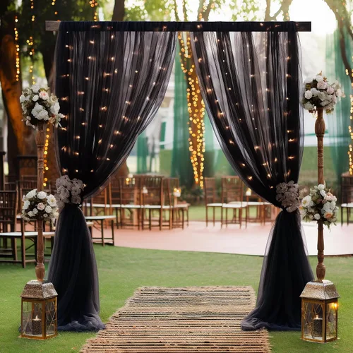 Vista 5 de Cortina de telón de fondo de tul negro de 10 x 10 pies con cadena de luces para fiestas, cortinas de fondo de fotos transparentes para bodas