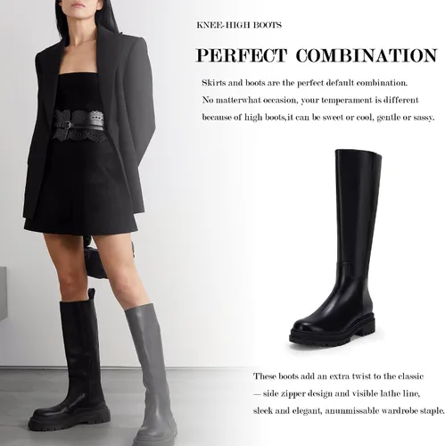 Vista 4 de Botas de plataforma hasta la rodilla para mujer, tacón grueso, cremallera lateral, botas de otoño e invierno