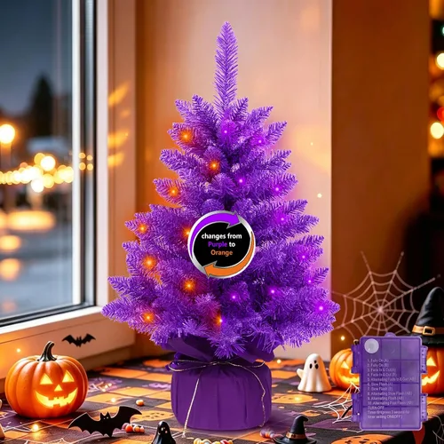 Vista 11 de Árbol de Halloween negro de 2 pies con luces, 50 LED multicolor preiluminado, mini árbol de Navidad artificial morado, árbol de Halloween