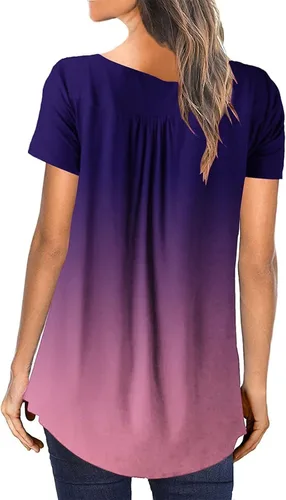Vista 3 de Blusas elegantes para mujer, estilo Henley, cuello en V, manga corta, talla grande, ajuste cuadrado, con botones frontales, blusas de manga corta