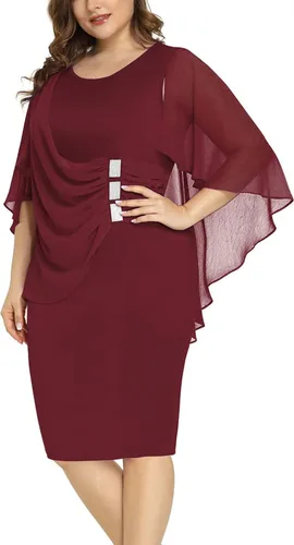 Vista 6 de LALAGEN Vestido de gasa para mujer, talla grande, con volantes, manga casquillo favorecedora, vestido de tubo para fiesta, S-XXXL