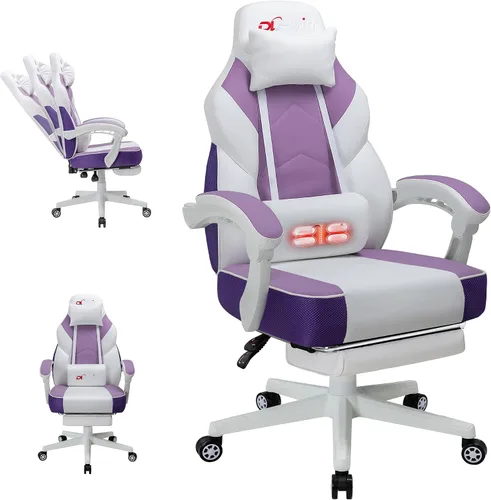 Vista 9 de Silla de juegos para adultos con reposapiés y soporte lumbar de masaje, silla ergonómica de respaldo alto, sillas giratorias ajustables