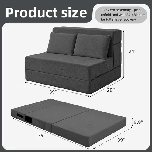 Vista 2 de Sofá cama plegable, silla convertible con almohada Gris oscuro