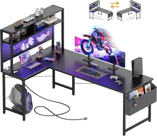 Vista 26 de Mericonia Escritorio para Computadora en Forma de L con Tomas de Corriente, Escritorio de Juegos Reversible con Estantes de Almacenamiento y Soporte