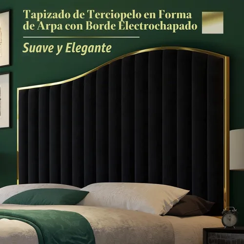 Vista 4 de HOWE Base de cama de arpa tamaño King con cabecera curvada extra alta de 61.4 pulgadas, plataforma tapizada de terciopelo con estribo acentuado