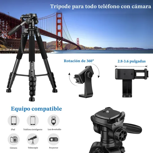Vista 3 de JOILCAN Trípodes para cámara, trípode de 74 pulgadas para grabación de video, cámaras de alta resistencia, trípode DSLR de viaje profesional, Negro