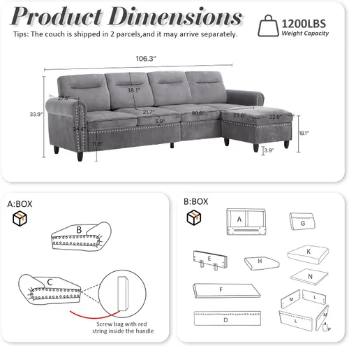 Vista 3 de Sofá modular en forma de L gris con otomana móvil para sala de estar, 106