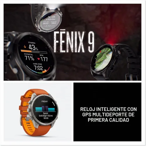 Vista 8 de Garmin fēnix® 9 Pro, titanio, 1.850 in, naranja otoño/naranja chispa
