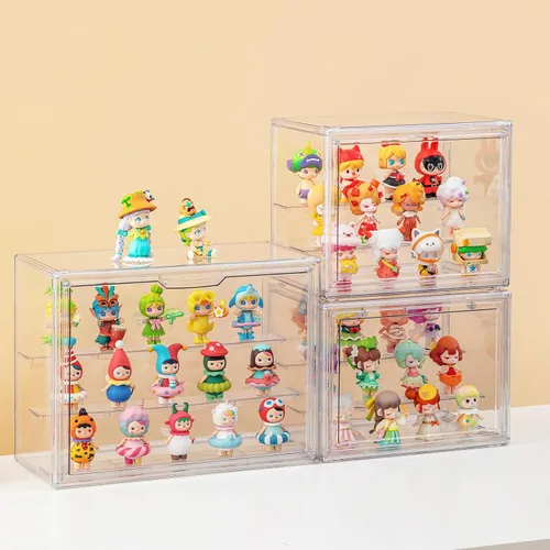 Vista 6 de Vitrinas de acrílico para coleccionables, cajas de estante transparentes de 3 niveles para figuras, vitrina para figuras de acción apilable y a