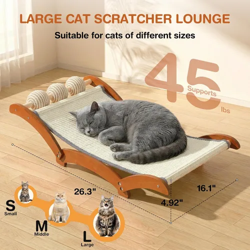 Vista 2 de Cama rascador para gatos 3 en 1 extragrande con 3 bolas de sisal interactivas, poste rascador de madera maciza con juguete, hamaca resistente
